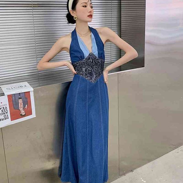 

casual dresses two piece denim halter backless vintage long maxi women deep v neck blue jean ladies spring summer 2021 uhp0, Black;gray