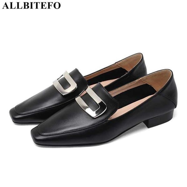 

allbitefo square toe genuine leather low-heeled comfortable women shoes autumn thick heels office ladies shoes women heels 210611, Black