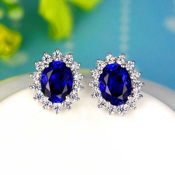 

925 100% genuine sterling sier wedding earrings luxury women's blue sapphire oval for women vintage double study, Golden