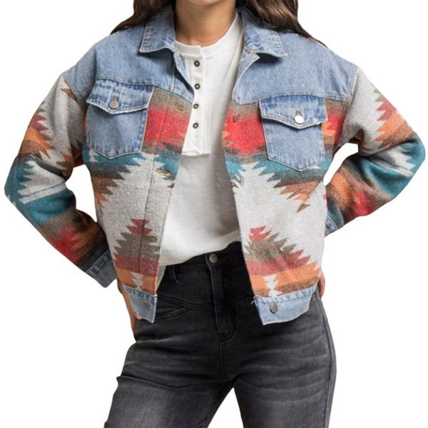 

women's jackets women vintage denim jacket, adults button-down geometric print long sleeve lapel cardigan with pockets spring autumn, Black;brown