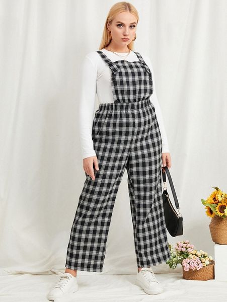 

plus plaid print overall jumpsuit without tee 25z0#, Black