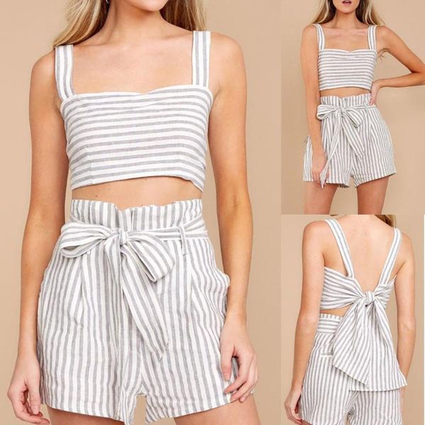 

summer fashion arrival women camis o-neck crop loose bandage short pants matching set 2021x1 women's two piece, White