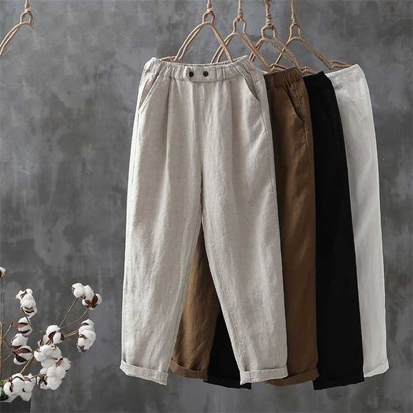 

cotton linen pant spring summer ankle-length trousers female elastic waist casual loose solid harem plus size 211007, Black;white