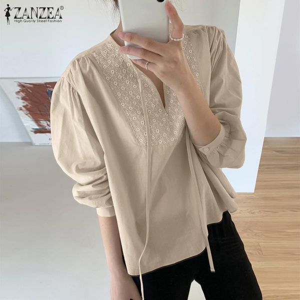 

women's blouses & shirts women casual embroidery blouse spring long sleeve lace up shirt v neck vintage tunic chemise, White