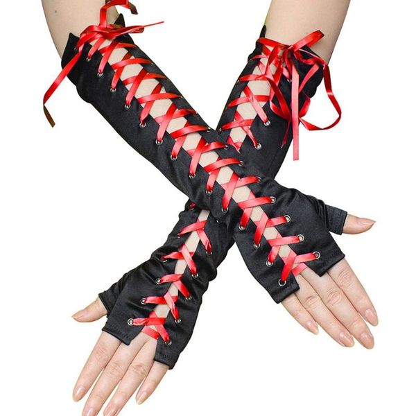 

five fingers gloves satin wear ribbon tied dress up ball performance european and american punk, Blue;gray