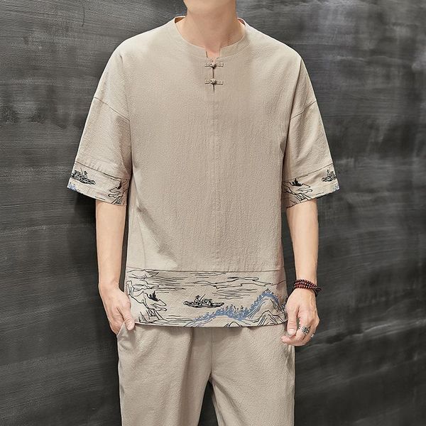 

ethnic clothing japanese style suits kimono short-sleeved t-shirt pants two piece men trousers male japan harajuku cardigan costumes se, Red