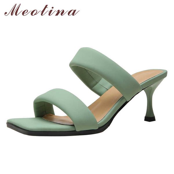 

meotina slippers shoes women high heel sandals square toe slides thin heel ladies footwear summer orange golden fashion shoes 210608, Black