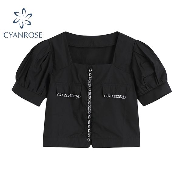 Kettendesign Crop Blusen und Hemden für Frauen Stilvolle quadratische Kragen Elegante Blusas Party Club Gothic E-Girl Rok Streetwear Tops 210417