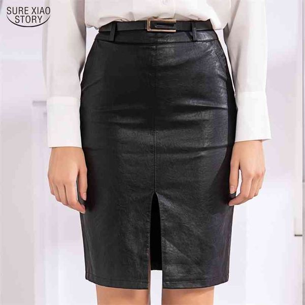 

autumn skirt female black with belt pu leather solid split skirts women high waist straight midi office lady 9869 210506
