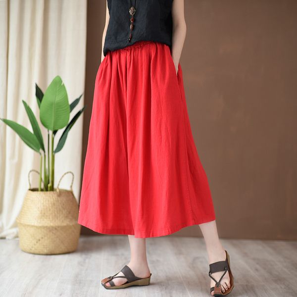 

johnature calf-length pants casual loose elastic waist solid wide leg pants summer clothes cotton linen women pants 210521, Blue