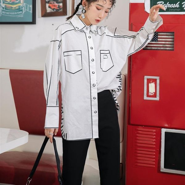 

women's blouses & shirts 2021 spring graffiti printing white shirt famale casual loose streetwear single-breasted fashion