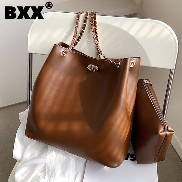 

shoulder bags [bxx] vintage pu leather bucket women 2021 fashion metal chain hand bag lady trend handbags purses cb109