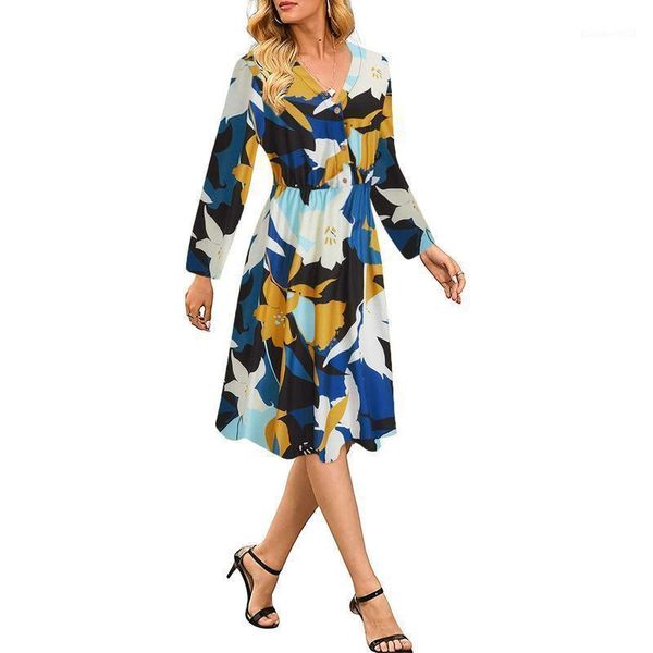 

casual dresses print button women's dress autumn long sleeve for women 2021 a-line v-neck knee-length female woman robe, Black;gray