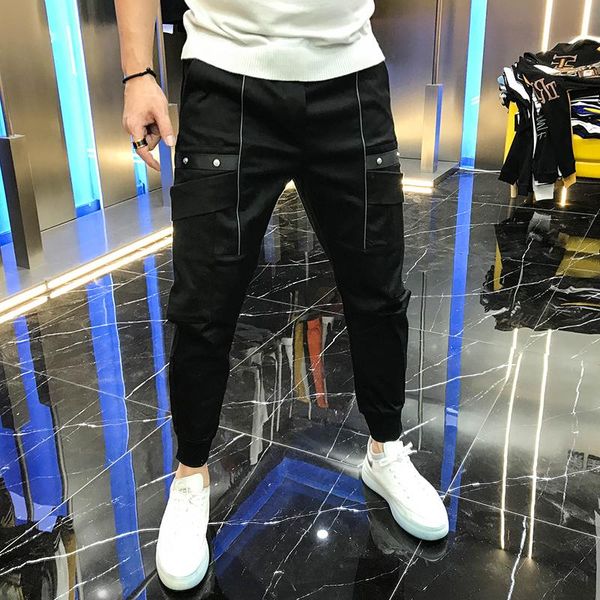 

men's autumn 2021 pants fashion solid color personalized rivets mid waist lace up handsome casual leggings men, Black