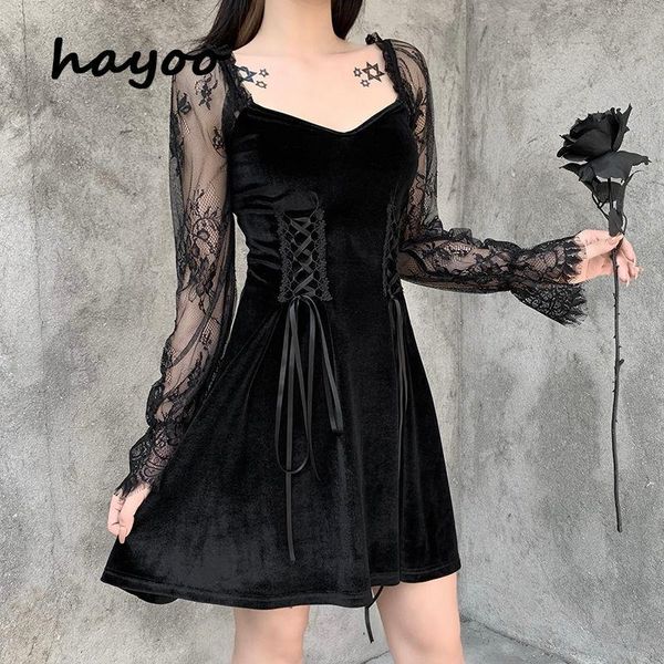 

casual dresses lolita bandage black dress women vintage lace puff sleeve aesthetic elegant high waist party for girls, Black;gray