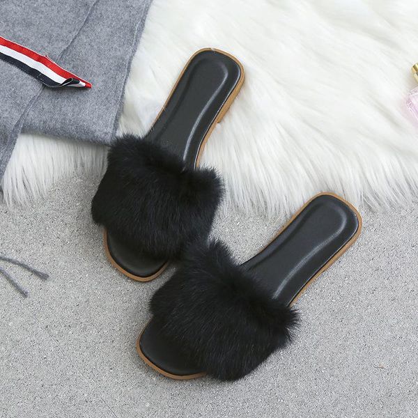 

slippers agutzm fur women real slides home furry flat sandals female cute fluffy house shoes woman 2021, Black