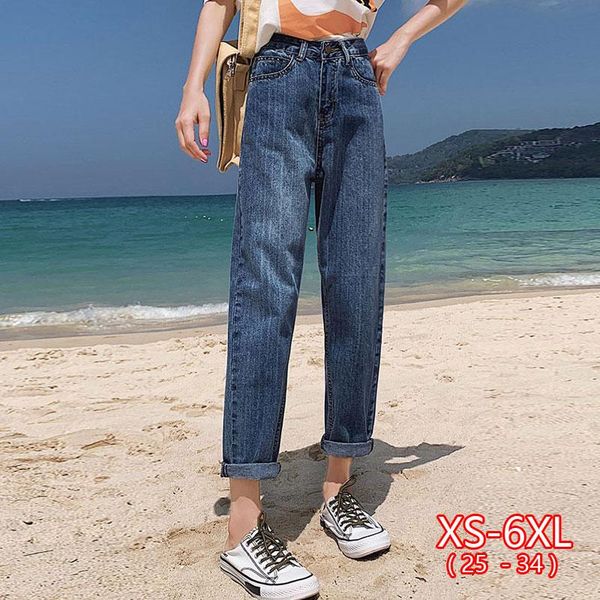 

women's jeans high-waist ripped nine-point loose korean straight slim thin large size wide-leg harem pants, Blue