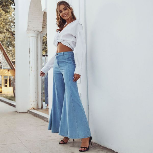 

spring summer light blue women girls jeans washed denim high waist loose wide leg fashion lady streetwear casual pants full length