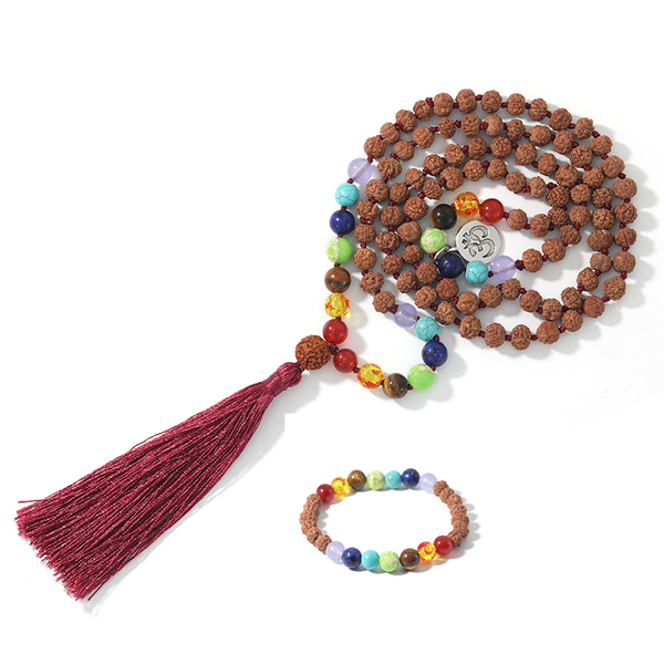 

rudraksha seven chakra beads hand-knotted long necklace men's women's charm fashion jewelry meditation 7 bracelet set pendant neck, Silver
