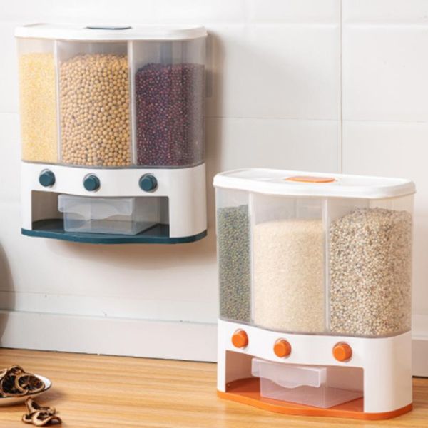 

wall mounted separate rice bucket cereal dispenser moisture proof plastic automatic racks sealed metering storage box bottles & jars