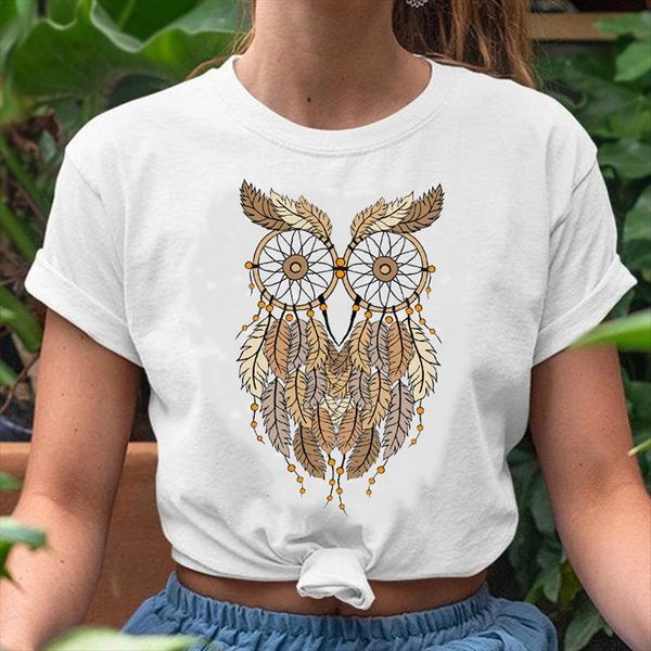 

graphic owl animal cartoon womens fashion short sleeve clothing watercolor print female lady clothes tees t shirt, White