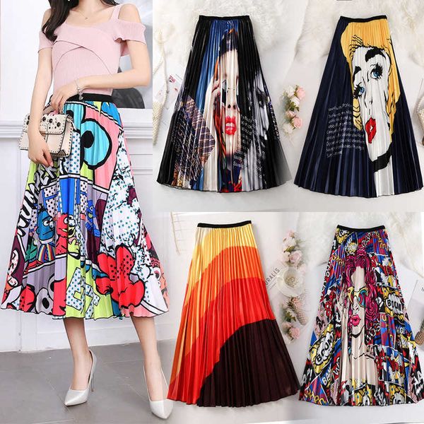 

skirt half women's elastic waist pleated printed medium length a-line, Black