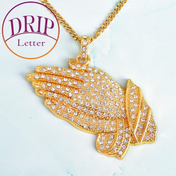 

hands together pendant necklace personality charm alloy gold color iced rhinestone men's hip hop jewelry chain necklaces, Silver