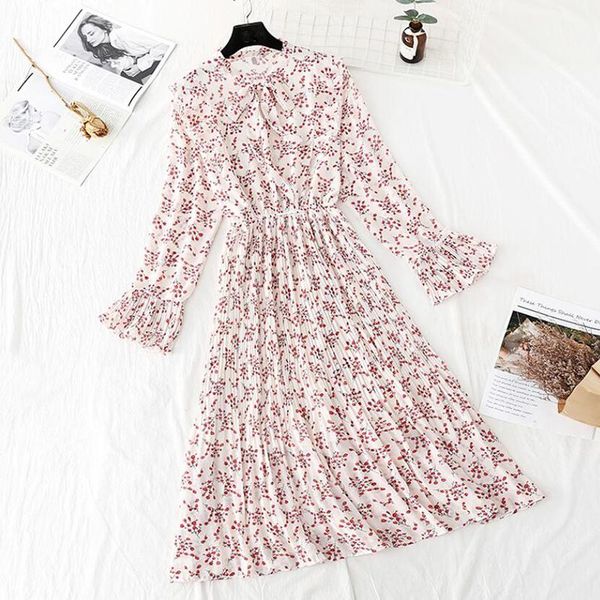 

casual dresses 2021 fashion women floral print chiffon dress high elastic waist flare sleeve office ladies midi spring summer vestidos, Black;gray