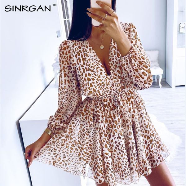 

2021nankey 2021 new trend autumn winter dress chiffon balloon sleeve mini dress v neckline dstring leopard print women dress, Black;gray