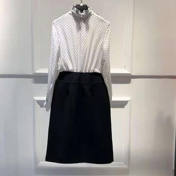 

casual dresses runway dress 2021 spring summer women ruffled collar polka dot print patchwork long sleeve vintage, Black;gray