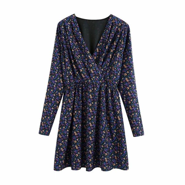 

women dress printed v-neck long sleeves shoulder pads elastic waist short vestidos femme robe 210420, Black;gray