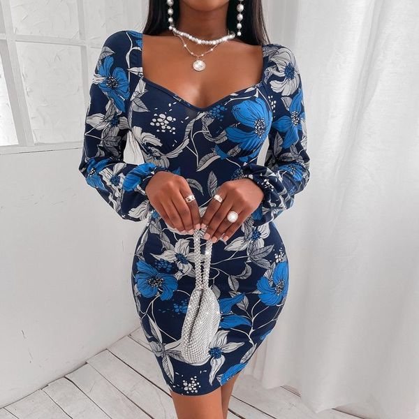 

casual dresses hirigin women summer 2021 autumn spring printed puff long sleeve v neck mini party birthday slim bodycon pencil, Black;gray