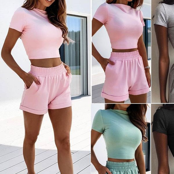 

2pcs casual summer clothes women tracksuits sets short sleeve crop elastic high waist shorts solid color female outfits, Gray