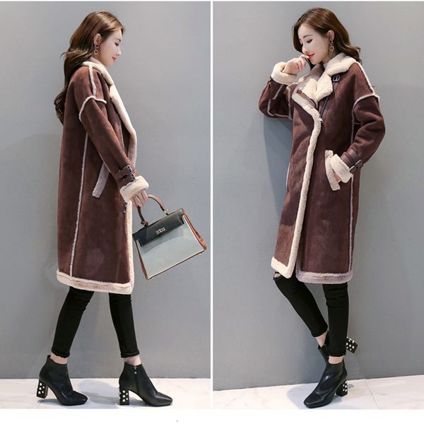 

Women's Down & Parkas HAPEDY Winter Female Suede Leather Jacket Women Long Deerskin Motorcycle Thick Lambs Wool Warm zip Parka Coat LCDC, Black