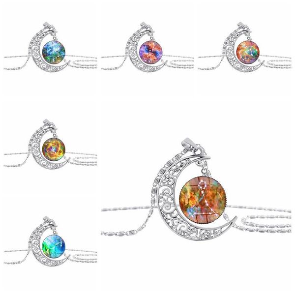 

gift 12 constellation leo sign star sky universe planet crescent necklace time hollow half moon zodiac jewelry pendant necklaces, Silver