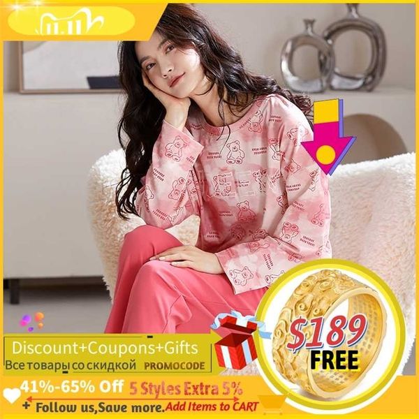 

spring autumn knitted cotton women's sleep lounge pajama long sleeved woman set cartoon pyjamas sleepwear -xxxl fashion 211106, Black;red