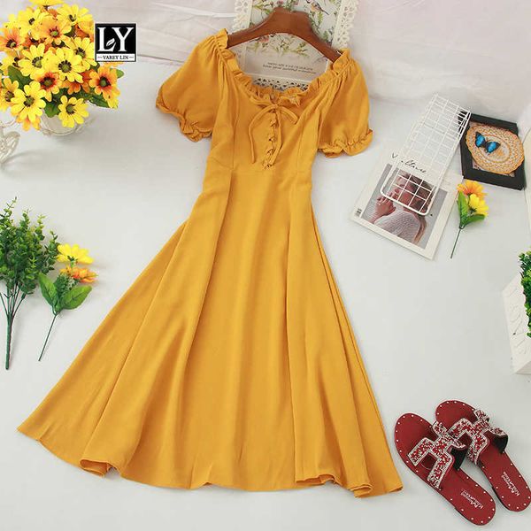 

ly varey lin women summer slash neck puff sleeve vintage dress high waist bow tie up ruffles black pink midi a-line 210526, Black;gray
