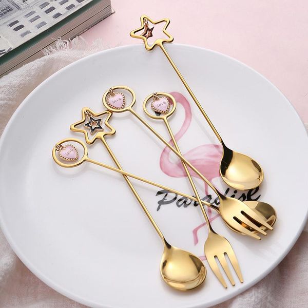 

spoons golden stainless steel creative star pendant spoon heart shaped coffee stirring dessert wedding gift fork box