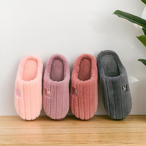 

women's men's winter home slippers couples warm soft plush slides vertical stripes hair embroidered cotton shoes with fur, Black