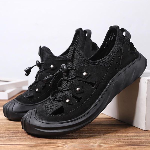 

sandals men leather summer classic shoes slippers soft roman comfortable walking footwear big size 48, Black