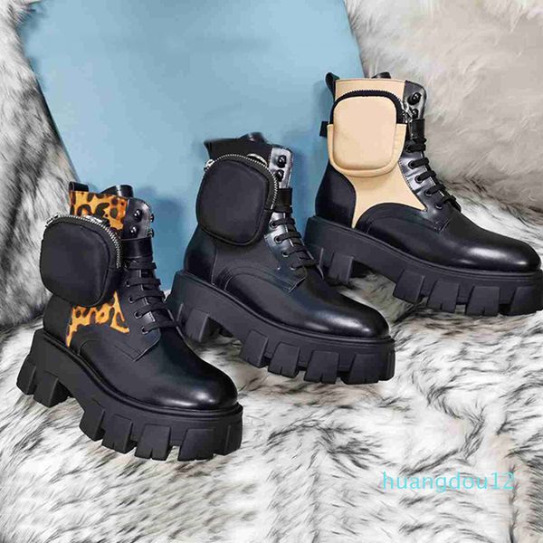 

designer- black matte leather combat boots women fashion paltform round toe ankle martins bottes removable pouch winter shoes