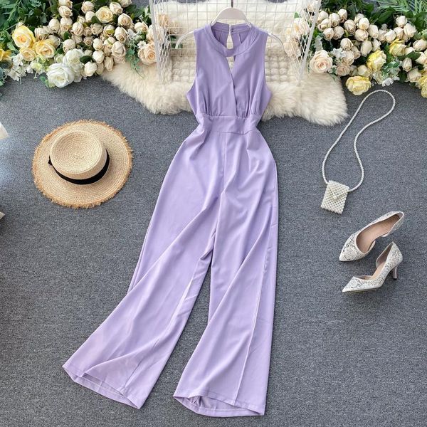 

women hollow backless rompers summer fashion solid streetwear wide leg pants 2021 high waist sleeveless jumpsuits women's &, Black;white