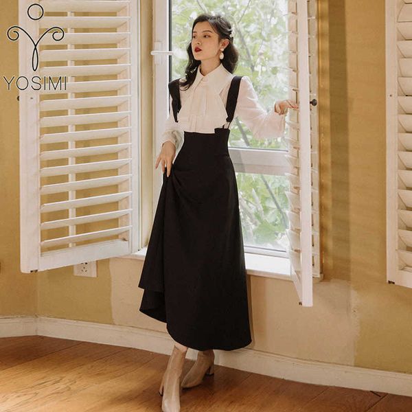 

yosimi 2 piece outfits autumn winter women full sleeve lantern ruffles white shirt and black strap dress skirt sets 210604