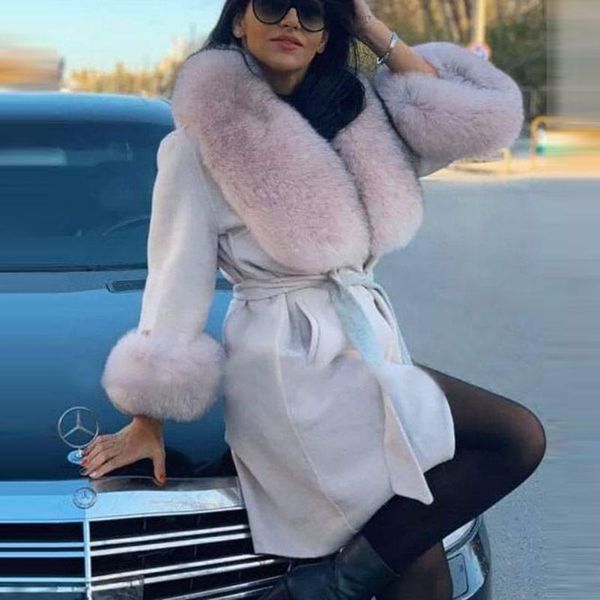 

women's fur & faux 2021 real cashmere coat with big silver collar winter fashion woman natural wool blend long overcoats, Black