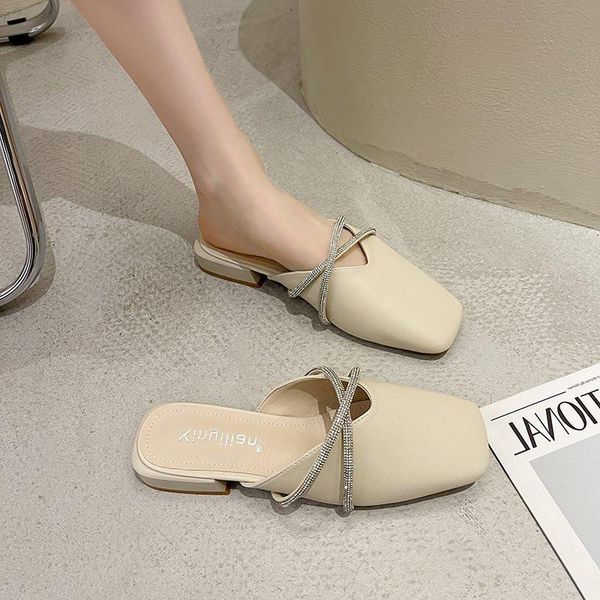 

shoes woman 2021 slippers casual cover toe pantofle square heel low luxury summer soft flat block fashion basic slides rome, Black