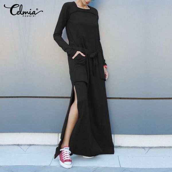 

casual dresses women high split maxi dress celmia autumn long sleeve female solid color vestidos winter belted robe plus size 5xl1 i003, Black;gray