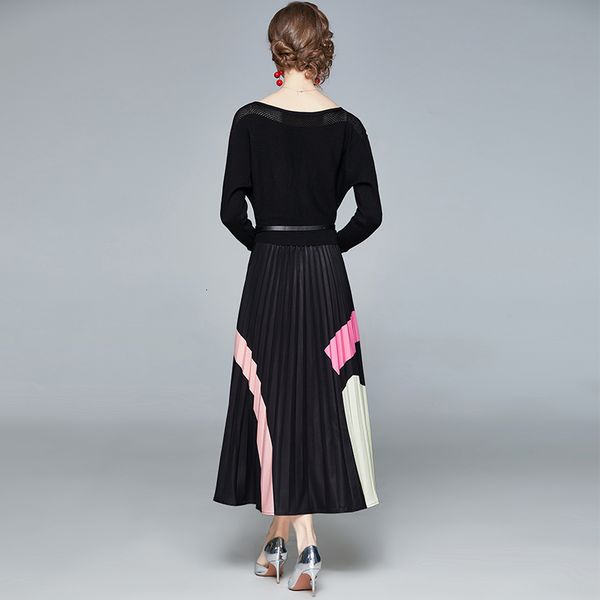 

dresses korean style elegant knitted splicing long sleeves slim frenulum casual temperament pleated es, Black;gray