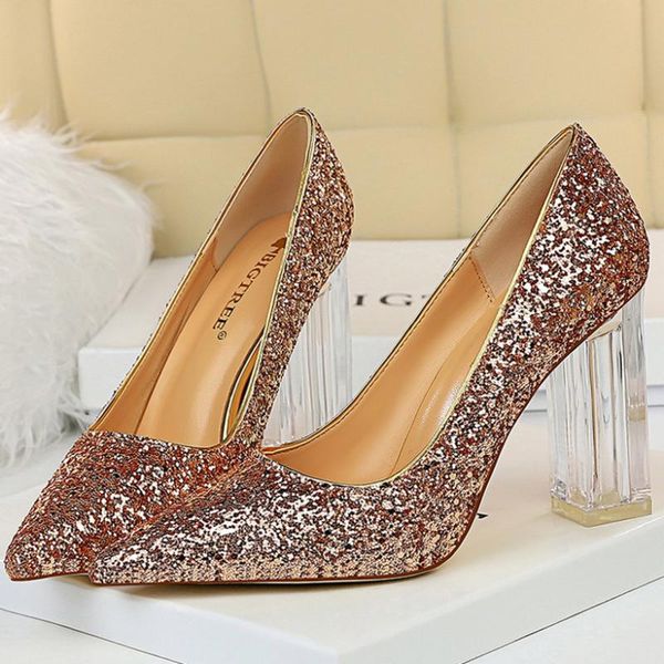 

dress shoes 2021 plus size 43 women sequins 10cm high heels lady scarpins gold silver block pumps wedding transparent chunky, Black