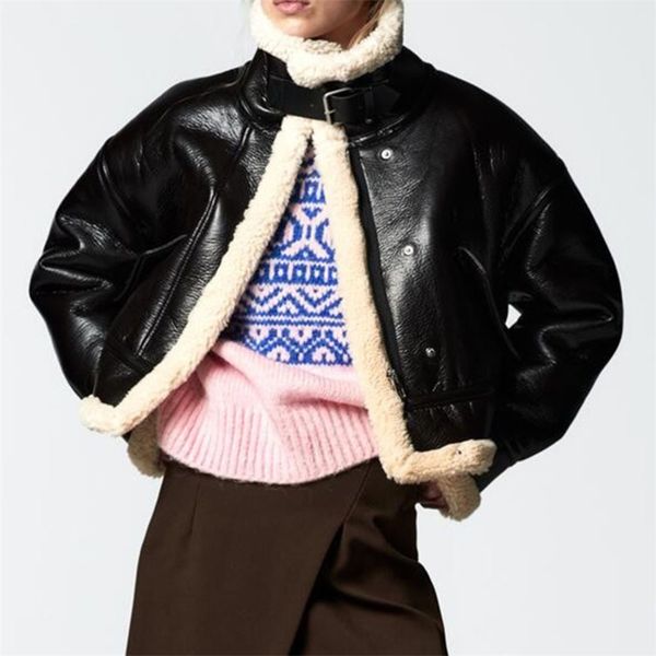 

faux leather suede jacket women fleece shearling sheepskin retro outerwear coats fur motorcycle za fw woman jackets coat 211215, Black
