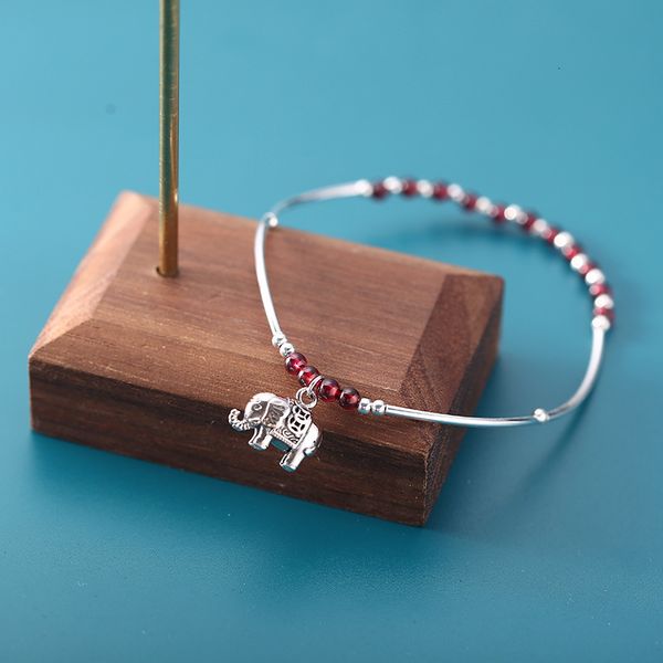 

s925 silver garnet women's day korean simple handmade round bead auspicious elephant anklet student 4076eu5xjbox, Red;blue